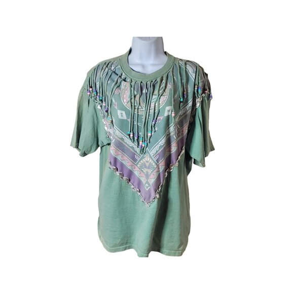 Vintage 90s Sturdy Tees By Lee Fringe Beaded Southwestern Graphic T-Shirt L - Picture 1 of 9